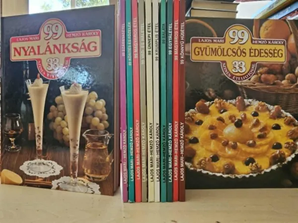 12db-os KÖNYVMENTŐ AJÁNLAT, 99... 33 színes ételfotóval: 99 gyümölcsös édesség+ könnyű húsétel+ magyaros étel+ egytálétel+ saláta+ krumplis étel+ ünnepi étel+ vad- és halétel+ magyaros étel+ körítés és főzelék+ szárnya Végkiárusítás