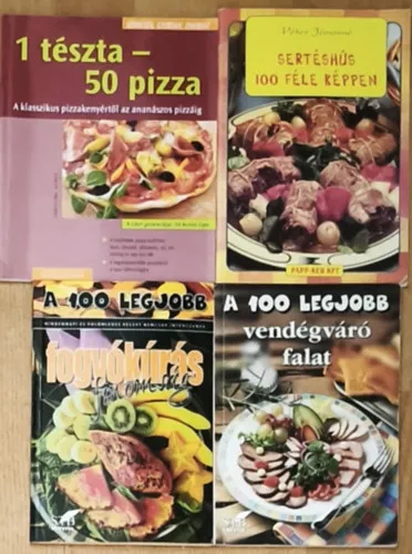 4db szakácsfüzet több 100 recepttel - A 100 legjobb vendégváró falat, A 100 legjobb fogyókúrás finomság, Sertéshús 100 féle képpen, 1 tészta-50 pizza Expressz szállítás
